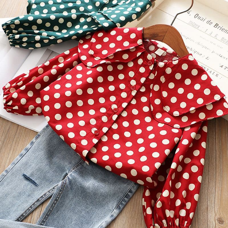 Girls' Shirt 2024 Spring/Summer New Korean Style Fashionable Polka Dot Large Collar Baby Long Sleeve Peter Pan Collar Top