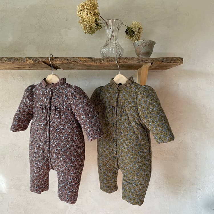 Winter Newborn Quilted Vintage Floral Bodysuit Cotton Jacket Baby Long Romper Padded Cotton Coat Thickened Cotton Clothes