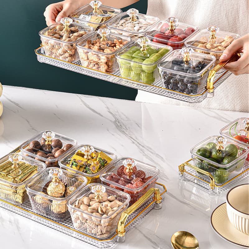 Luxury fruit tray with compartments for living room use, organizing snacks, candies, nuts, and dried fruits.