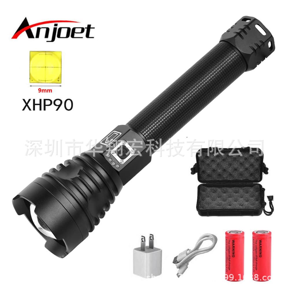Cross-border XHP90 High-Power Flashlight, TYPE-C Charging with Display, Includes Strap, Strong Light, Adjustable Zoom Lighting