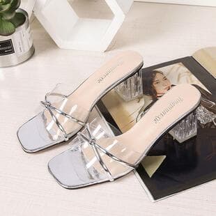 Trendy Sandals Women Summer 2026 New Style Fashion Versatile High Heel Slides Chunky Heel Transparent Crystal Heel Women's Shoes