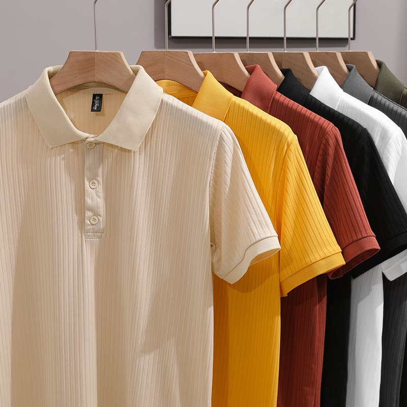 Classic Striped Casual Lapel Short Sleeve T-Shirt Breathable Ice Silk Simple Summer Polo Shirt For Men Ribbed POLO Smooths Your