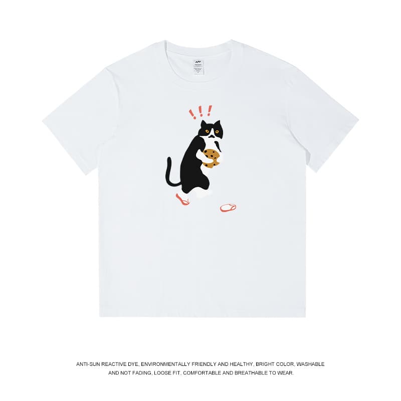 Men's Loose-Fit Half Sleeve T-Shirt Pure Cotton Printed Cartoon Cat Trendy Top Lightweight 230g Ideal For Summer
