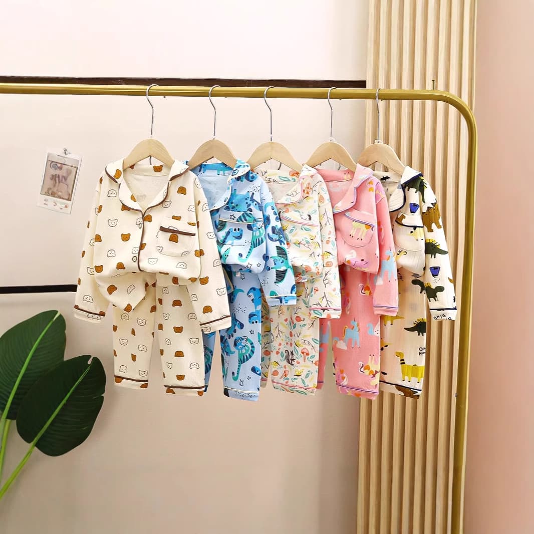 Kids' Pure Cotton Pajamas Spring and Autumn Style Boys and Girls Homewear Set Loose Medium and Large Size Turn-down Collar Long Sleeve Air-conditioning Wear