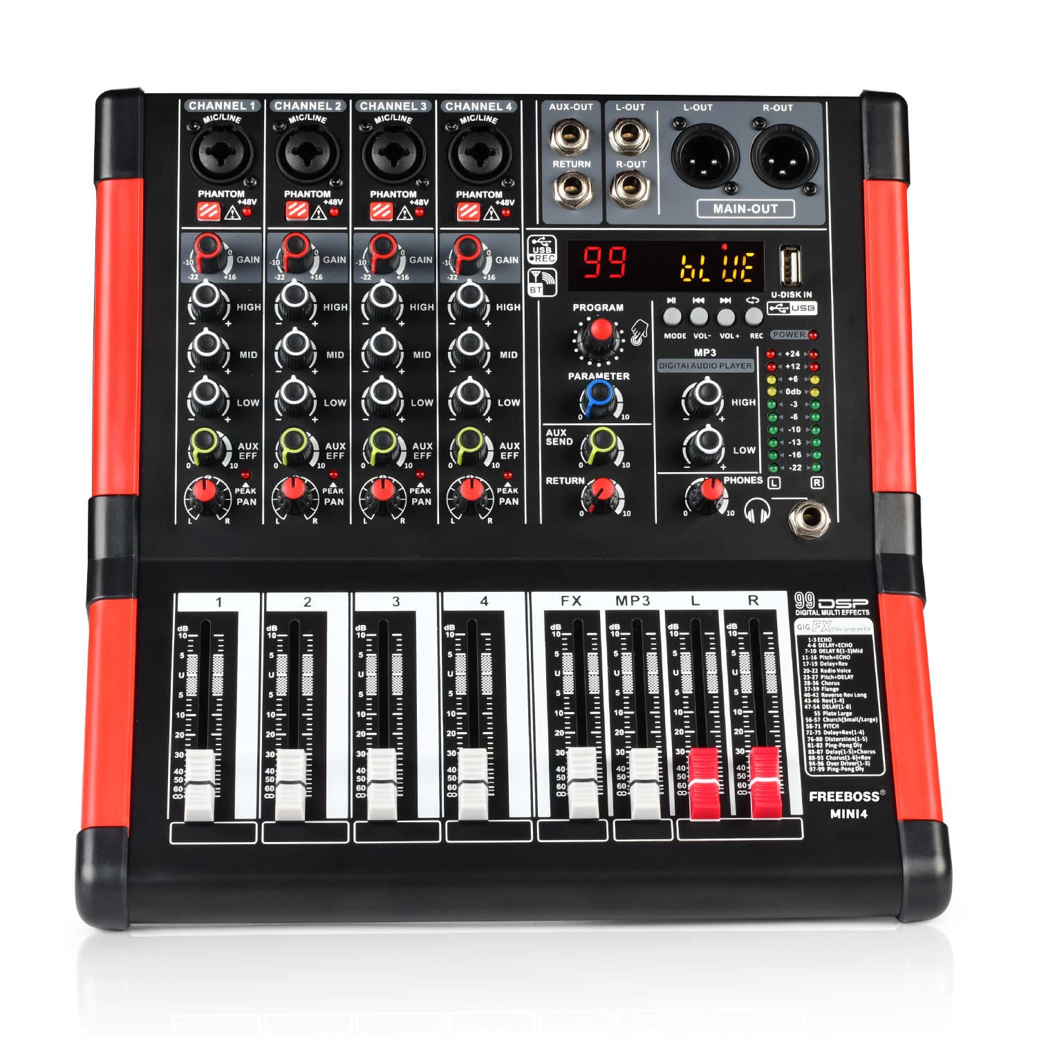 Bluetooth 4-Channel 99-Effect Mixing Console Home Performance USB Sound Card Mini Mixer Cross-Border Supply