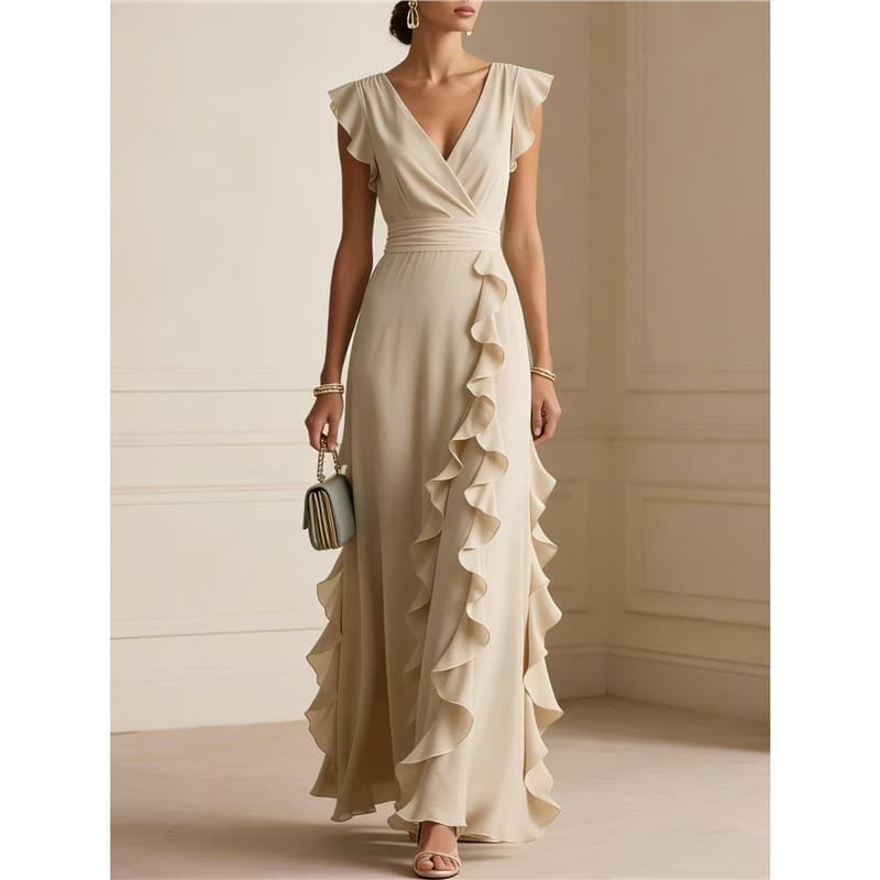 2026 European and American Independent Station Amazon Solid Color Summer Ruffled Sleeveless V-Neck Waist-Slimming Thin Dress