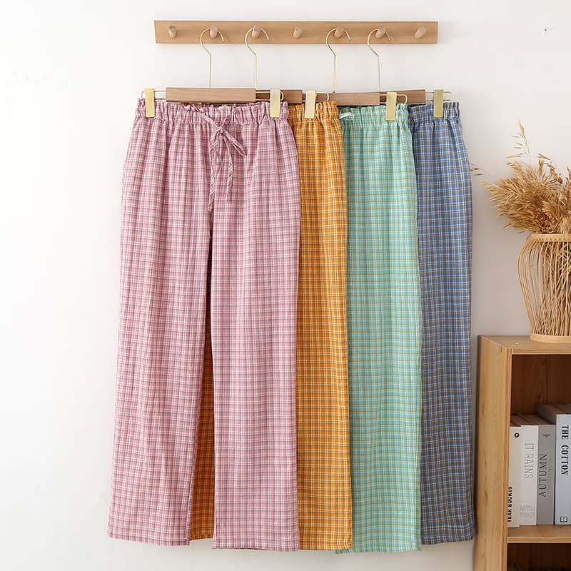 Cotton Plaid Pajama Pants Summer Thin Double-Layer Gauze Women's Casual Straight Pants Loose and Can Be Worn Outside Home Pants