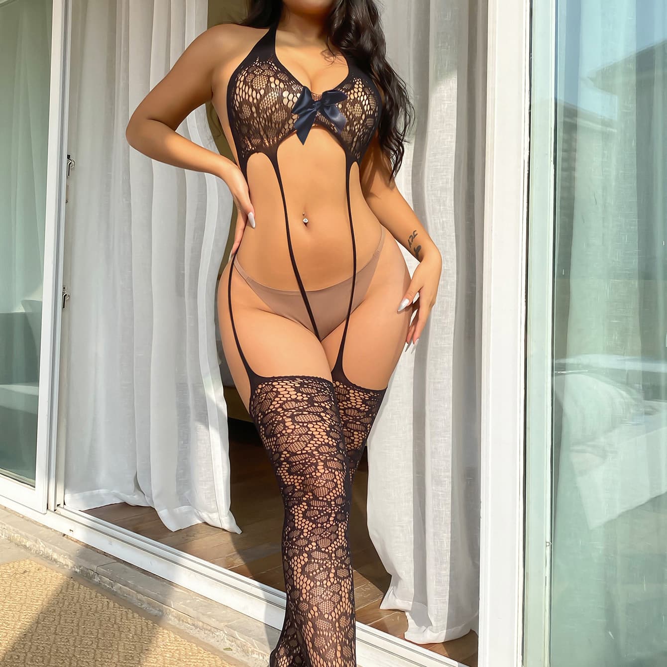 End-Of-Season European and American Style Seductive Hollow-Out Bowknot See-Through Lingerie Purple Women's Sexy Bodysuit Hand-Torn Mesh Outfit