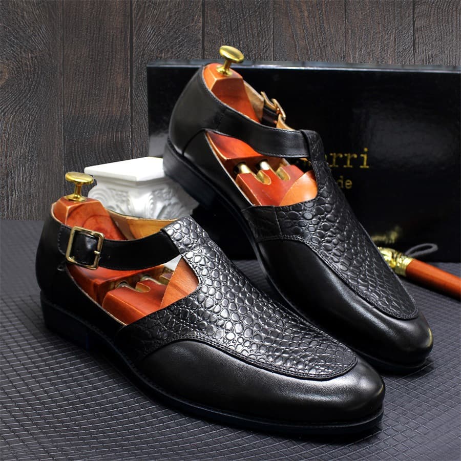 Genuine leather men's shoes, customized first-layer cowhide toe-cap sandals, men's black flat leather shoes, date party shoes, cross-border exclusive