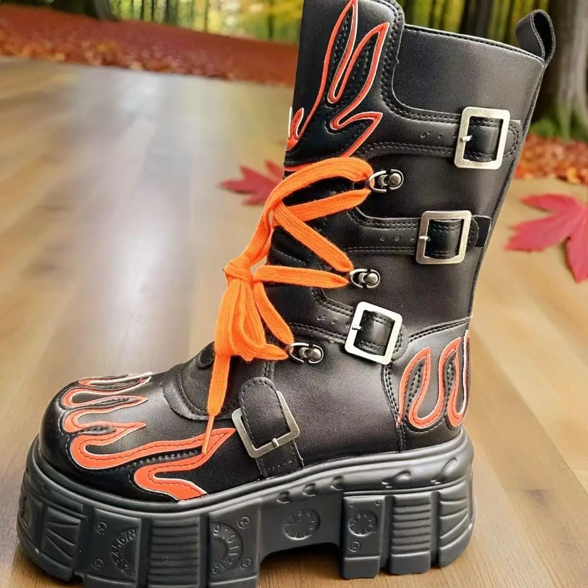Spanish Punk Rock Motorcycle Boots, Ankle-High, Metal Flame Design, Mid-Calf, Thick Sole, Unisex
