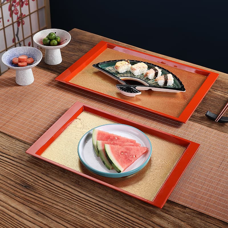 Japanese red gold plastic tray rectangular fruit plate imitation wood grain tea tray hotel dinner plate restaurant double ear plate