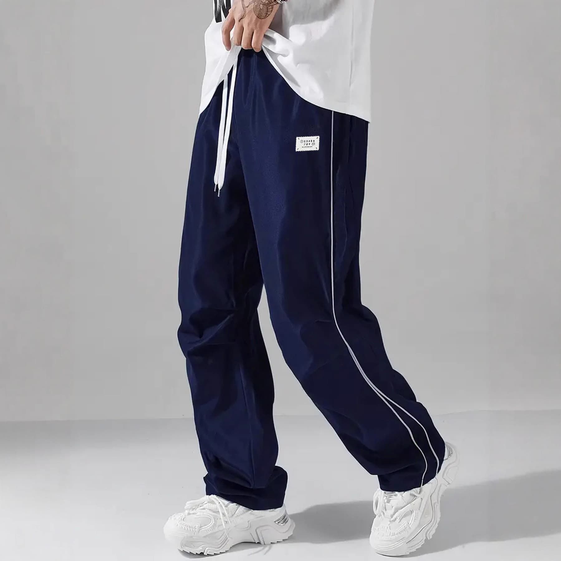 Cross-Border Hot Seller Four-Season Large Size Men's Loose Sports Long Pants Embroidery Design Side Stripes Straight-Leg Pants for Men