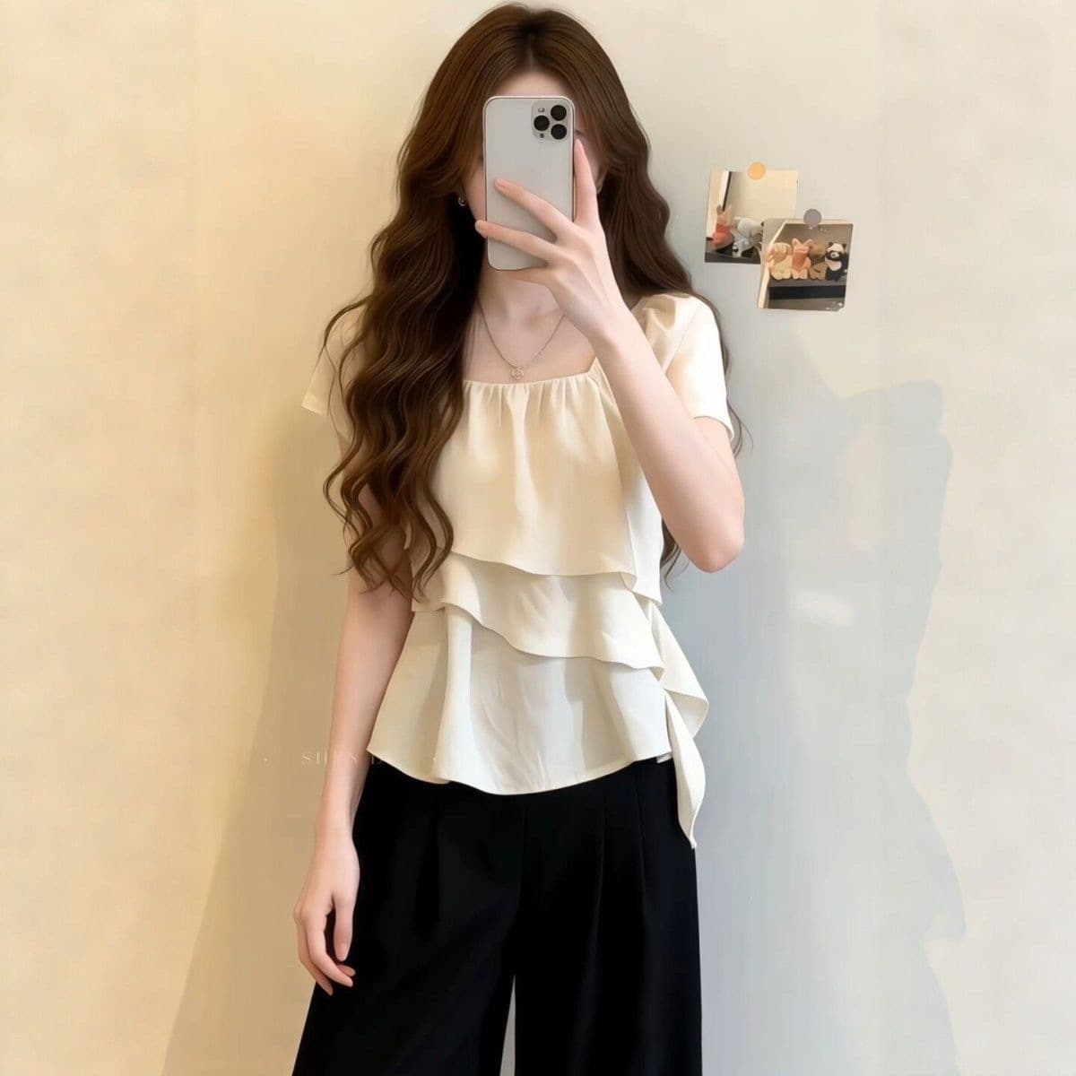 Plus Size Ruffle Square Neck Chiffon Short-Sleeve Shirt for Women, New Summer 2026 Loose Slimming Pretty Top for Plus Size