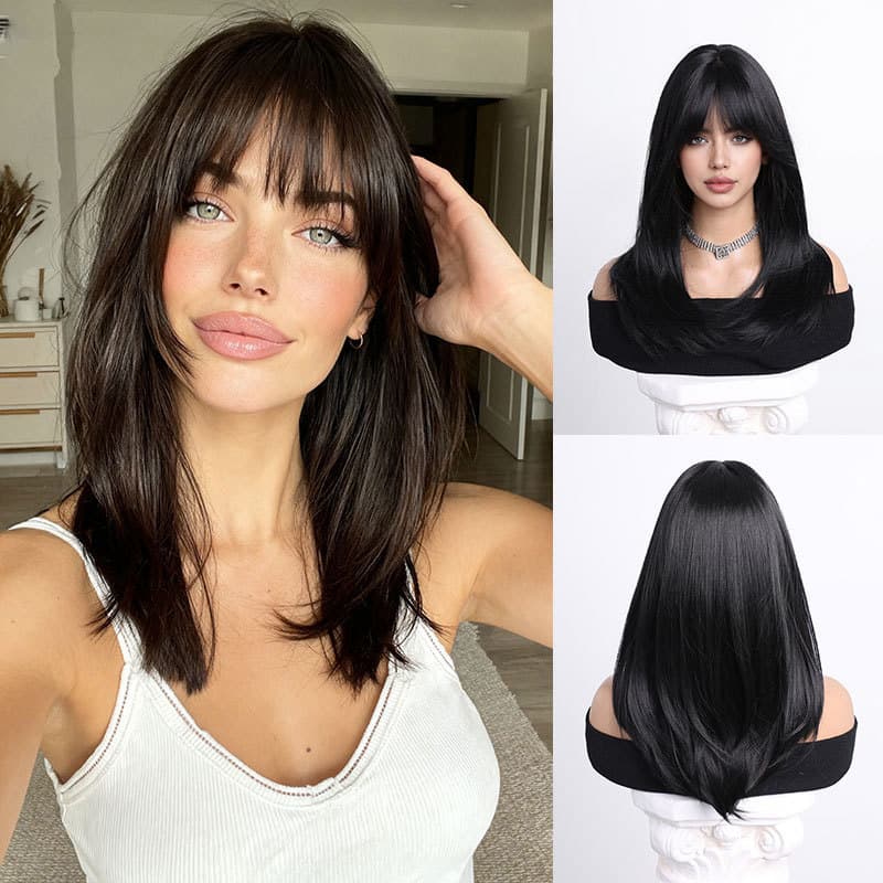 European and American Cross-Border Best-Selling Wig for Women, Black and Brown, Long Straight Collarbone Hair with Bangs, Fashionable Elegant, Full Headgear