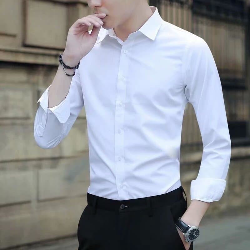 White Long Sleeve Shirt Men's Slim Fit Business Casual Korean Style Fashionable Professional Workwear Cotton Polyester Blend