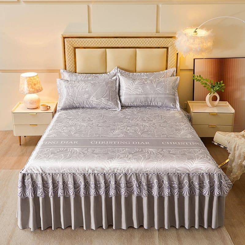 Summer ice silk bed skirt and cooling mat double-layer lace cooling foldable soft mat machine washable non-slip bed cover set