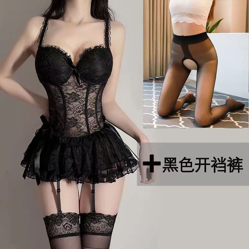 Water Infusion Lingerie Lace Transparent Hollow Out Full Set Strappy Push-Up Thickened Plunge Sexy Bodysuit Set