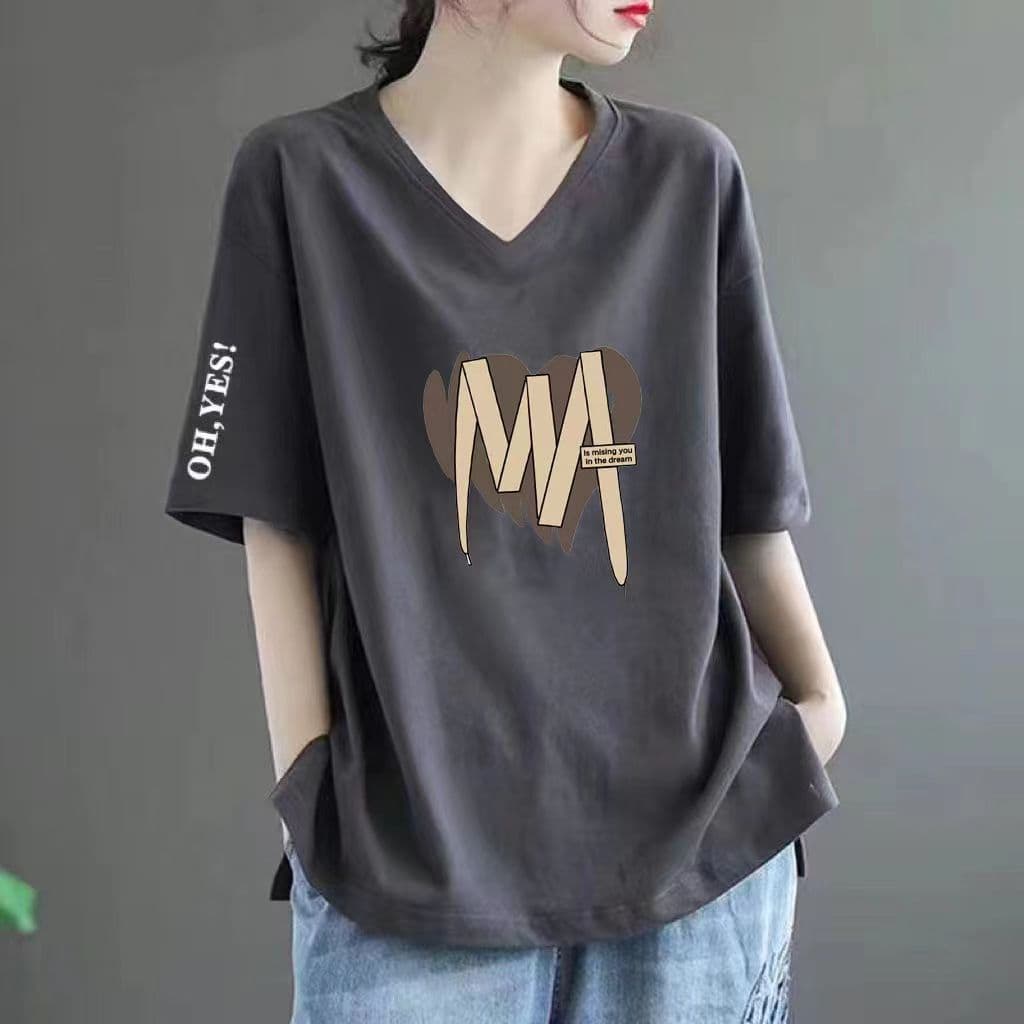 V-Neck Faux Cotton Short-Sleeve T-Shirt for Women, 2026 Summer New Plus Size, Niche Design Tummy-Covering Tops for Concealing Flesh