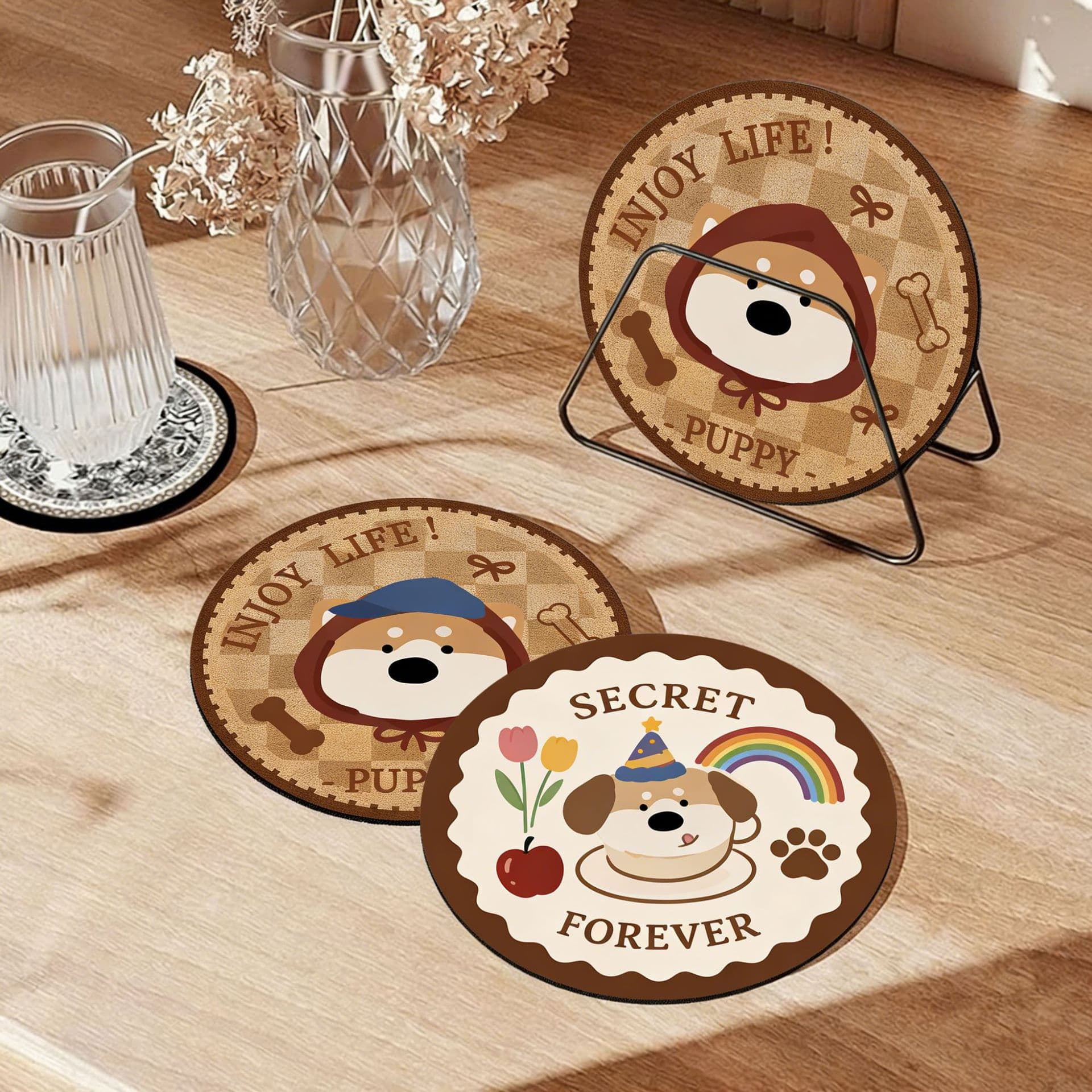 Cartoon Puppy Leather Placemat and Coaster Set, Waterproof, Oil-Proof, Heat-Insulating, Table Mat for Home and Restaurant Wholesale