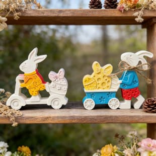 S2456+S2457 Bunny Cart Bunny Riding Ornament Decorative Cement Plaster Mold DIY Silicone Mold
