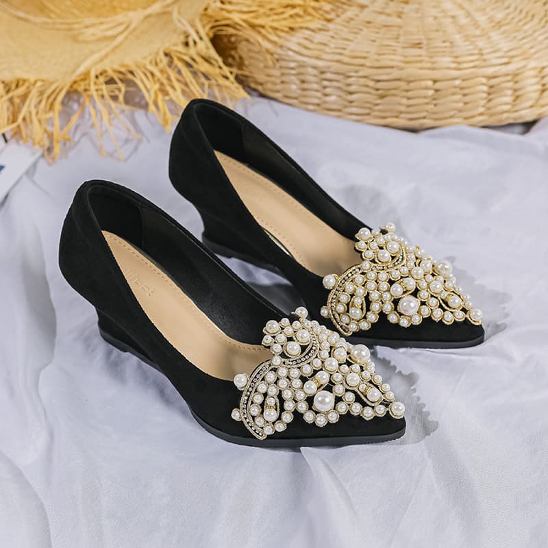 Women's Wedge Pointed Toe Shoes 2023 Spring Autumn New Pearl Shallow Mouth High Heel Black Professional Chunky Heel Single Shoes