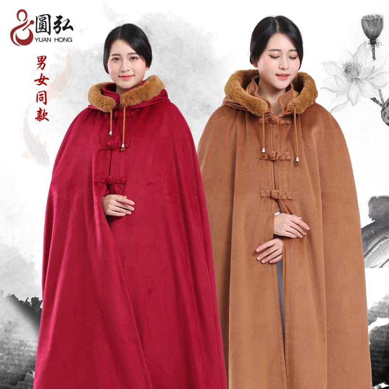 Fur Collar Winter Meditation Cloak Zen Meditation Cloak Double-Layer Plush Thickened Cloak Coat Layman's Clothing Monk's Cloak