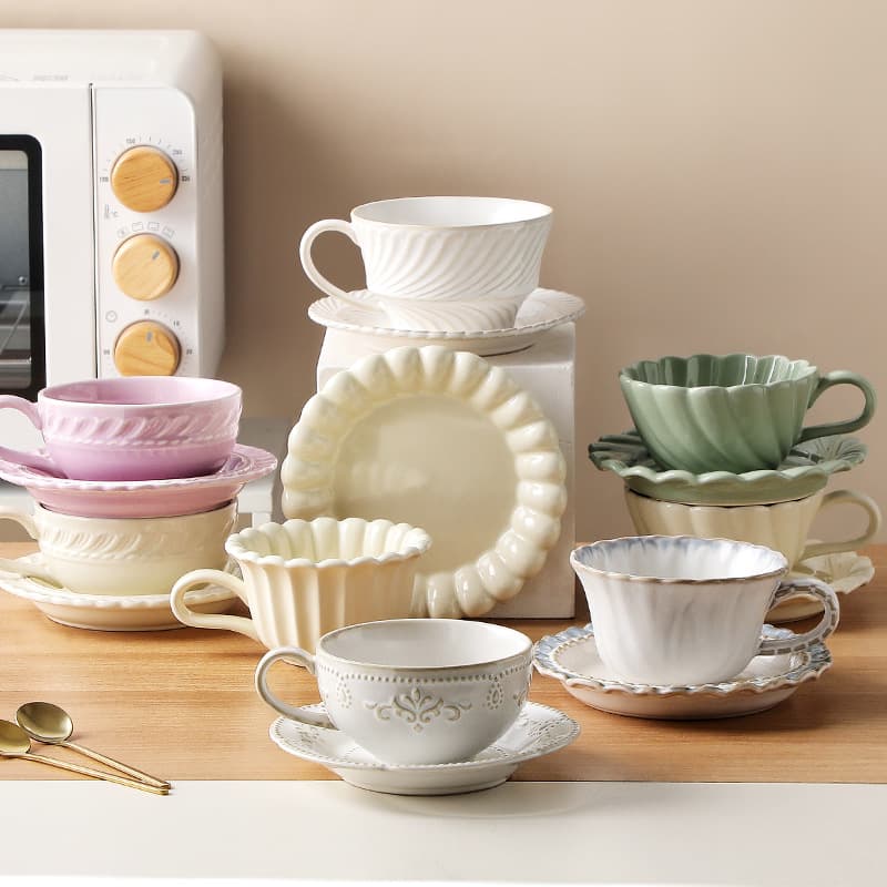 Palace Relief Style Afternoon Tea Ceramic Coffee Cup and Saucer Set, Elegant Black Tea Coffee Milk Cup Breakfast Set