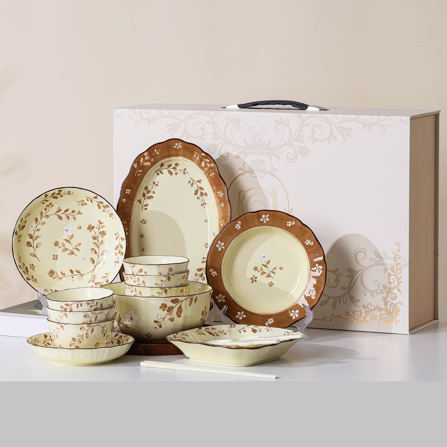 European ins style underglaze color bowl and dish set household ceramic tableware retro B&B ceramic bowl and dish housewarming gift