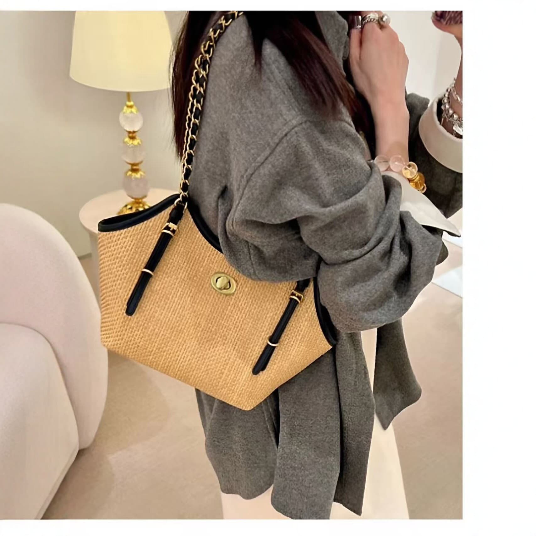 2026 New Summer Vacation Style Premium Woven Straw Bag Fashion Tote Bag Chanel-Style Single Shoulder Chain Bag