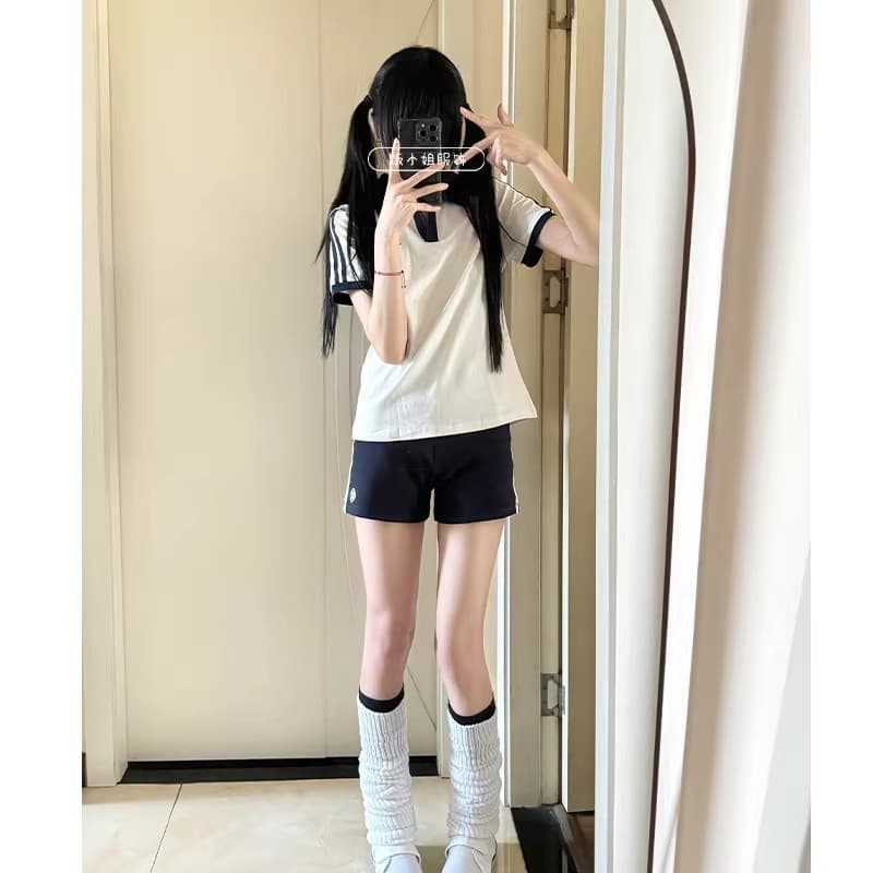 New Summer Gymnastics Uniform Set Women's Slim Fit Polo Shirt School Style Japanese Waist-Cinching Short Sleeve T-Shirt Top