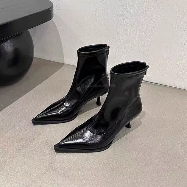 Black Pointed Toe High Heel Short Boots Women 2026 Summer New Style French Thin Heel Elastic Slim Boots Temperament Ankle Boots
