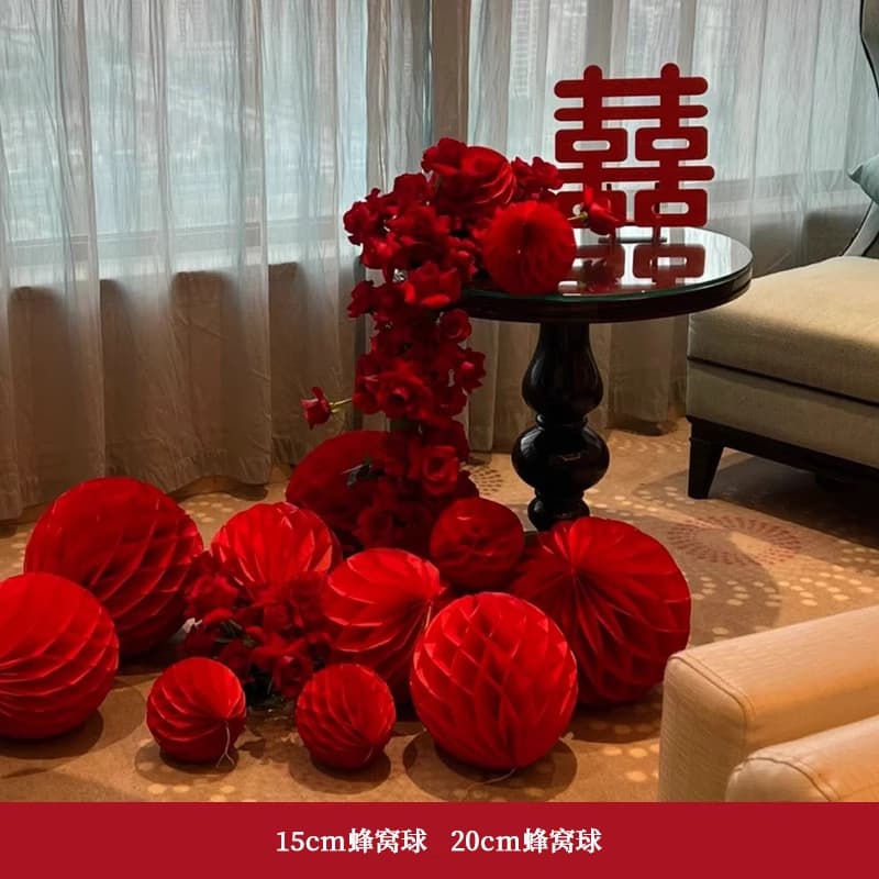 Honeycomb Double Happiness Lantern Wedding Room Decoration Set for Rural Courtyard, Bedroom, Bride and Groom Room