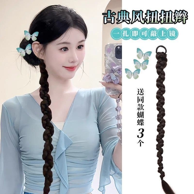 Braided Ponytail Hairpiece for Women, New Chinese Style Hair Clip, Hanfu Ancient Style Bun Side Ponytail, Natural Look Simulation Braid Ponytail