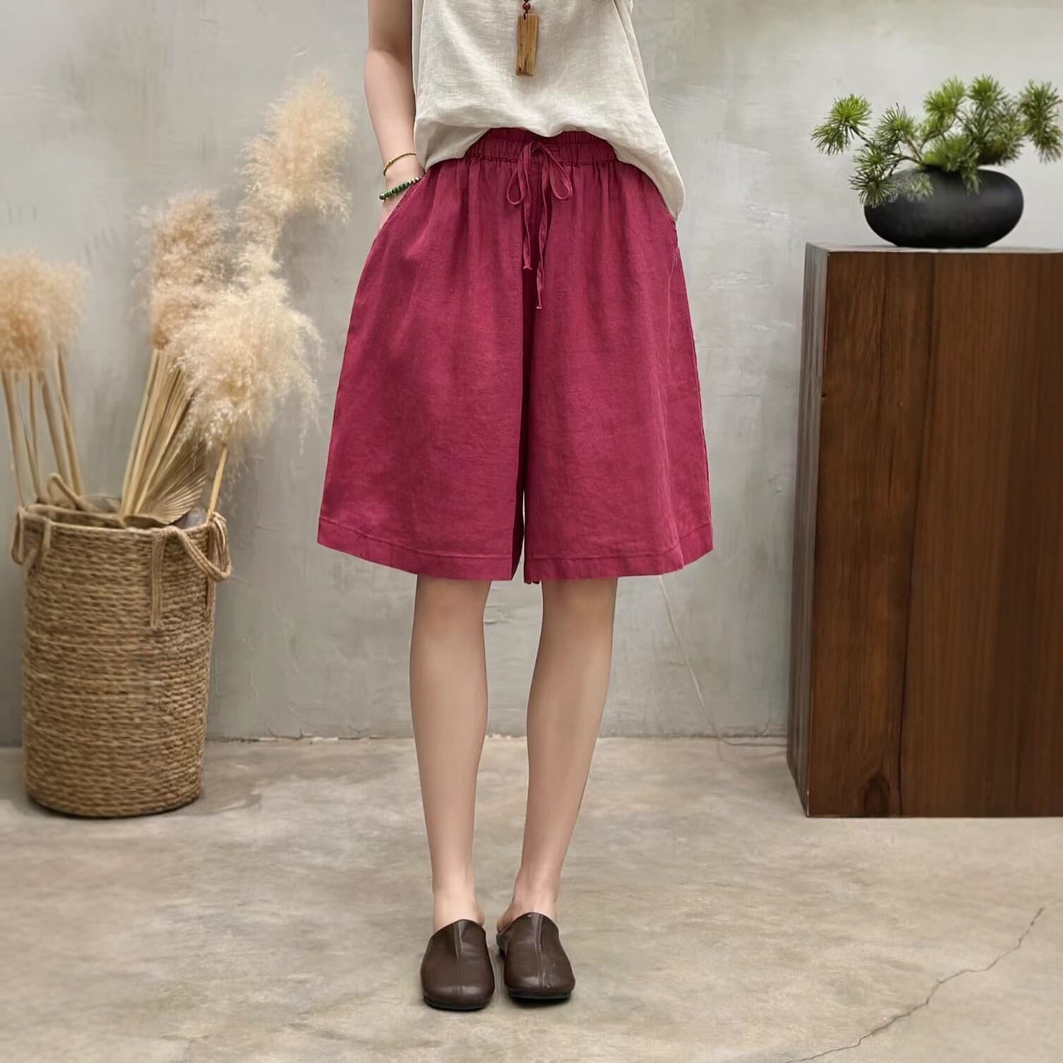 2026 Summer New Linen Wide-Leg Pants for Women, Elastic Waist, Loose, Artistic, Vintage, Bermuda Shorts, Wide-Leg Casual Pants