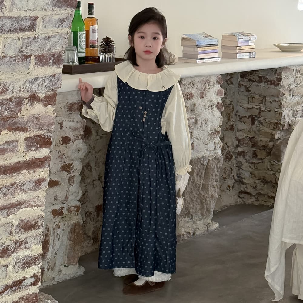 Children's skirt 2026 spring baby girl Korean version polka dot lace long-sleeved dress children's mid-length denim vest skirt