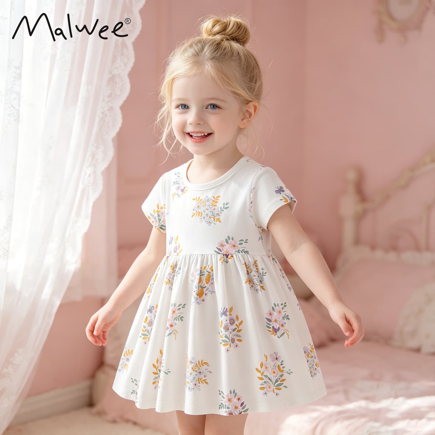 Malwee Girls Summer Dress Cute Little Girl Round Neck Short Sleeve Children's Clothing Cotton Soft Processed Princess Style