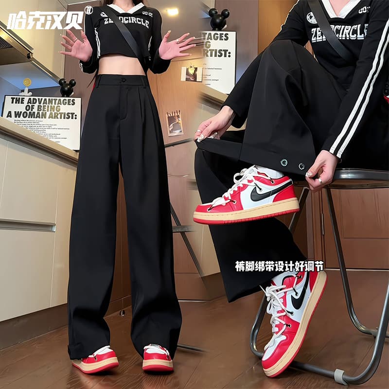 Men's Drapey Dress Pants with Button Cuffs, Straight-Leg Casual Long Pants, Black Versatile Loose Plus-Size Suit Pants
