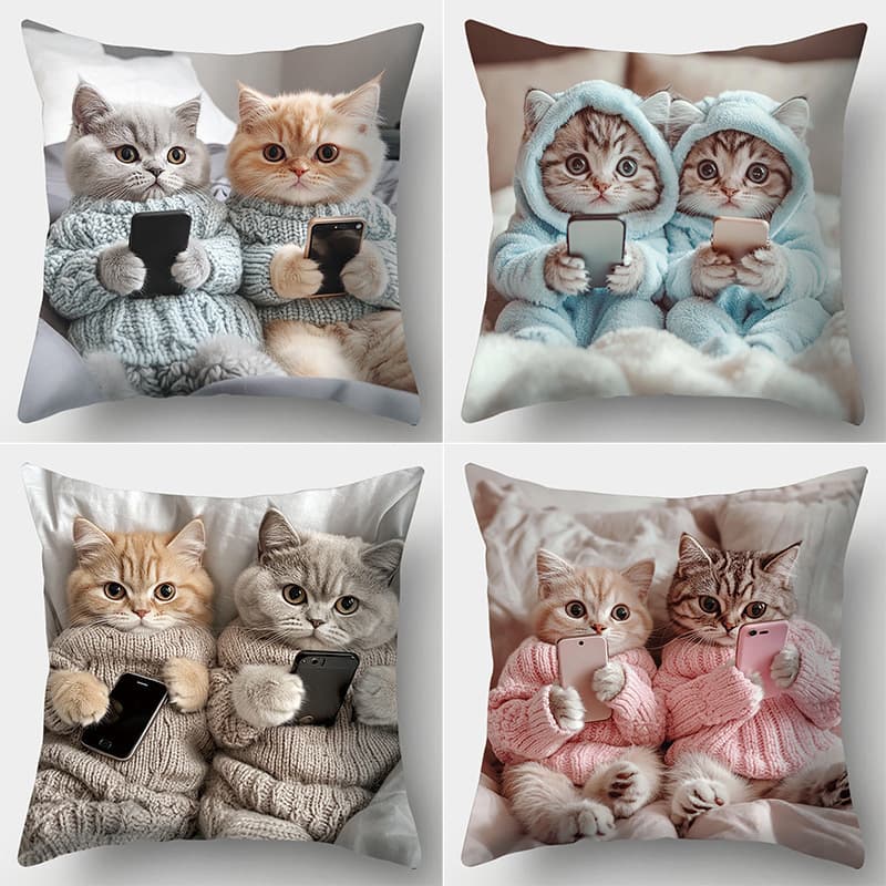 Cross-border Hot Selling Cute Pet Cat Playing Phone Printed Pillow Cover, Cute Cartoon Cushion Cover, Sofa Decorative Pillow Cover