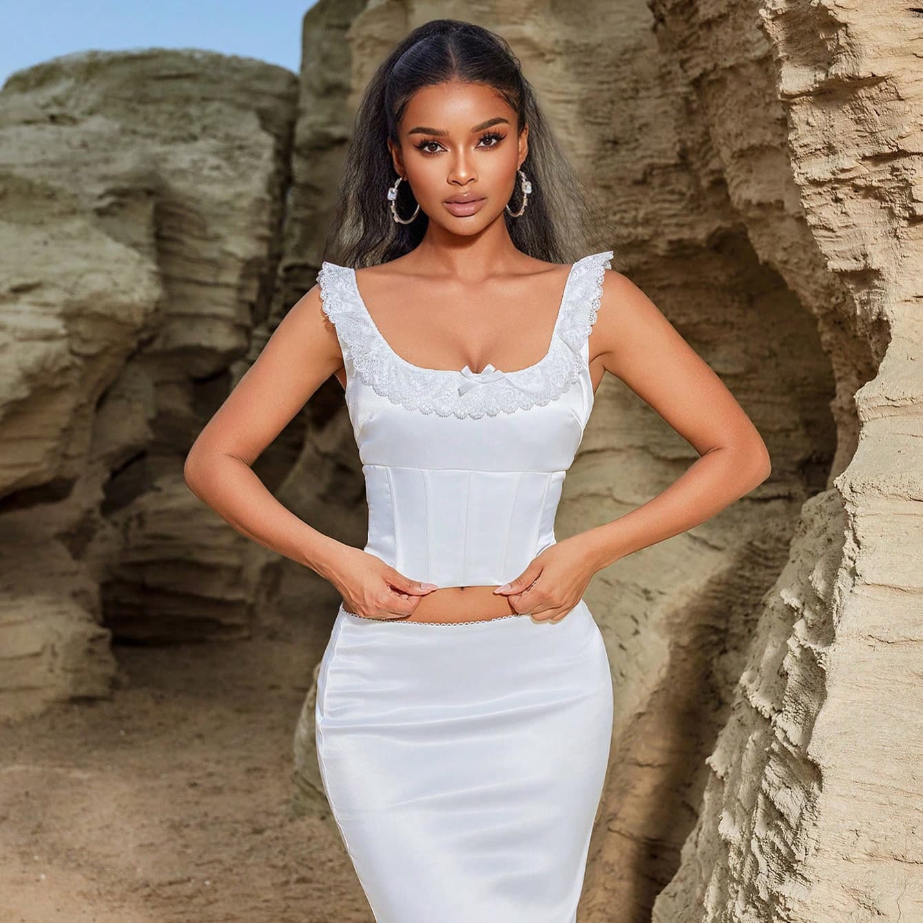 European and American summer lace long skirt, sleeveless tie-back top, exquisite and elegant slim-fitting small tail dress suit