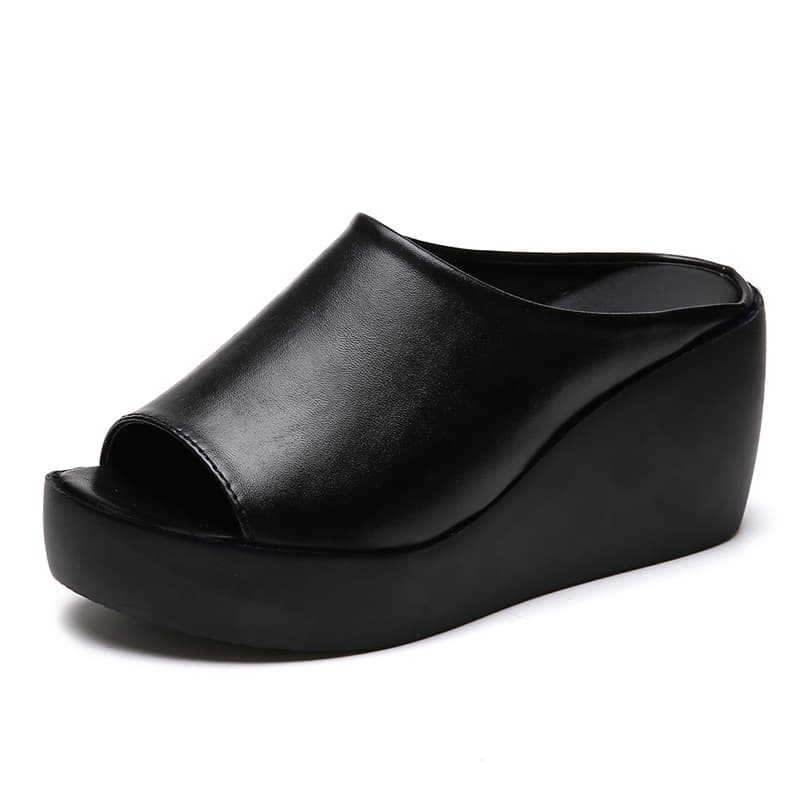 Women's Thick-Soled Slippers for Summer Outdoor Wear, Leather Black and White Platform High-Heel Peep-Toe Sandals, Non-Slip One-Strap Wedge Heel Slippers