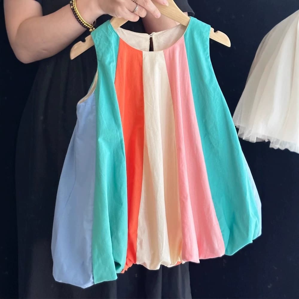 2026 New Summer Girls Color-Block Dress, Baby Girl Fashionable Sleeveless Bubble Skirt, Cotton Patchwork Vest Dress