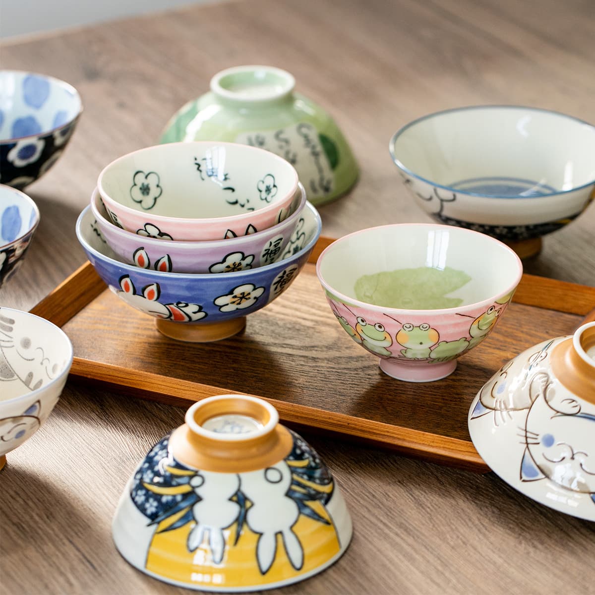 Japanese Mino Ware Ceramic Rice Bowl, Free Shipping, Sakura Rabbit, Daruma, Maneki Neko, Japanese Gift Tableware