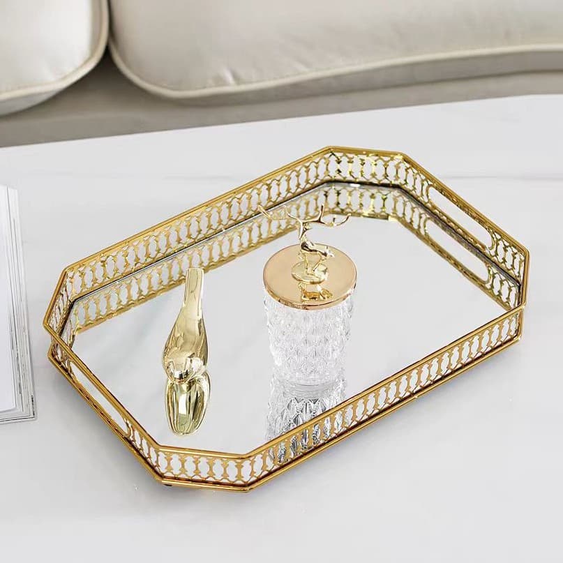 European Light Luxury Metal Glass Tray Fruit Plate Living Room Coffee Table Candy Storage Tea Tray Decorative Ornament