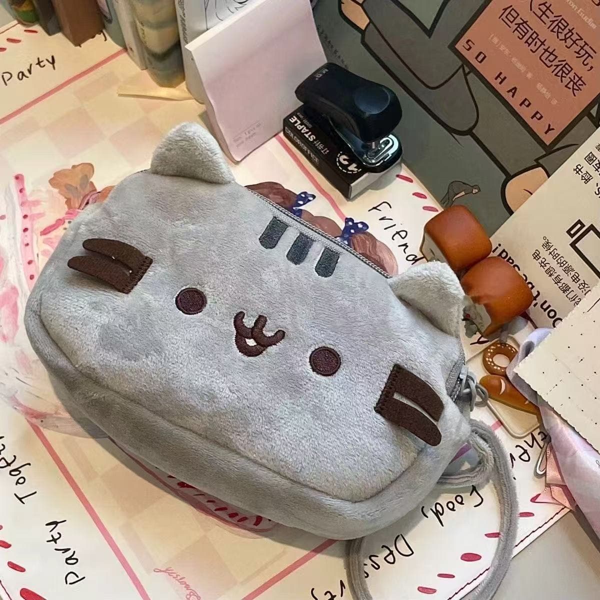 Adorable Chubby Lucky Cat Napping Gray Cat Plush Pencil Case Large Capacity Student Stationery Desktop Storage Pouch