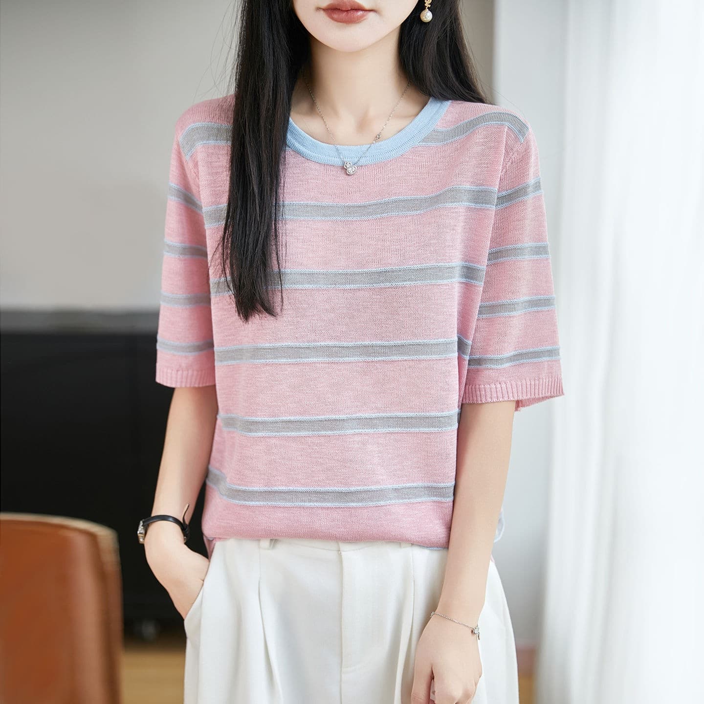 Women's Fresh Lazy Style Ice Silk Striped Knit Top, Short Sleeve Round Neck Slimming Top, Color Striped T-Shirt