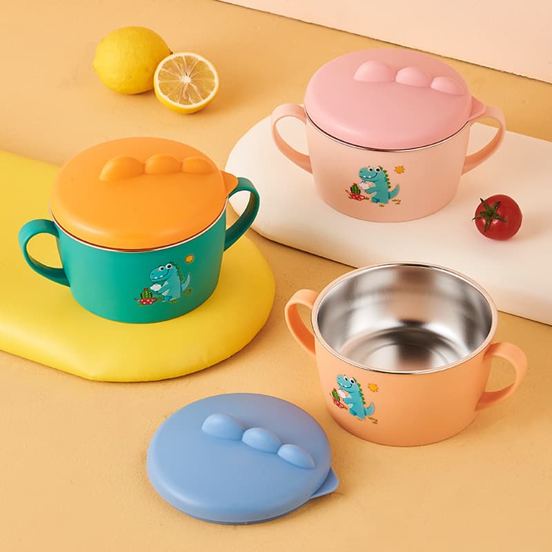 Creative new primary school student soup bowl, children's stainless steel bowl, tableware, baby binaural bowl set, rice bowl with handle cup