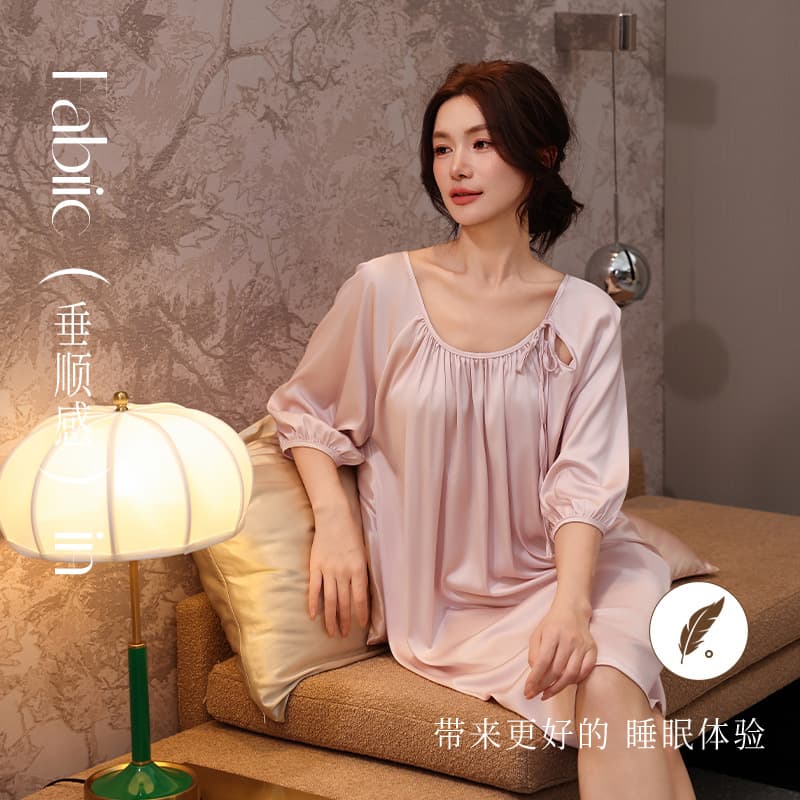 Ice Silk Cool-Touch Sleep Dress for Women Summer Half-Sleeve French Style Nightgown Loungewear Plus Size