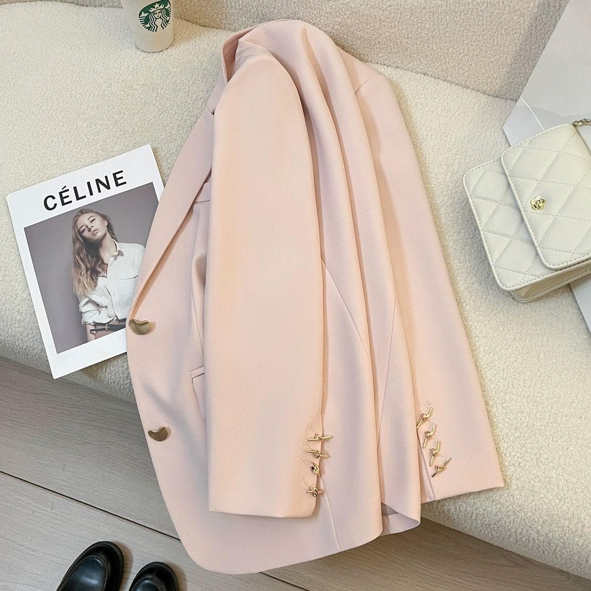 White peach pink suit jacket for women 2025 autumn new style small style goddess style casual temperament small suit