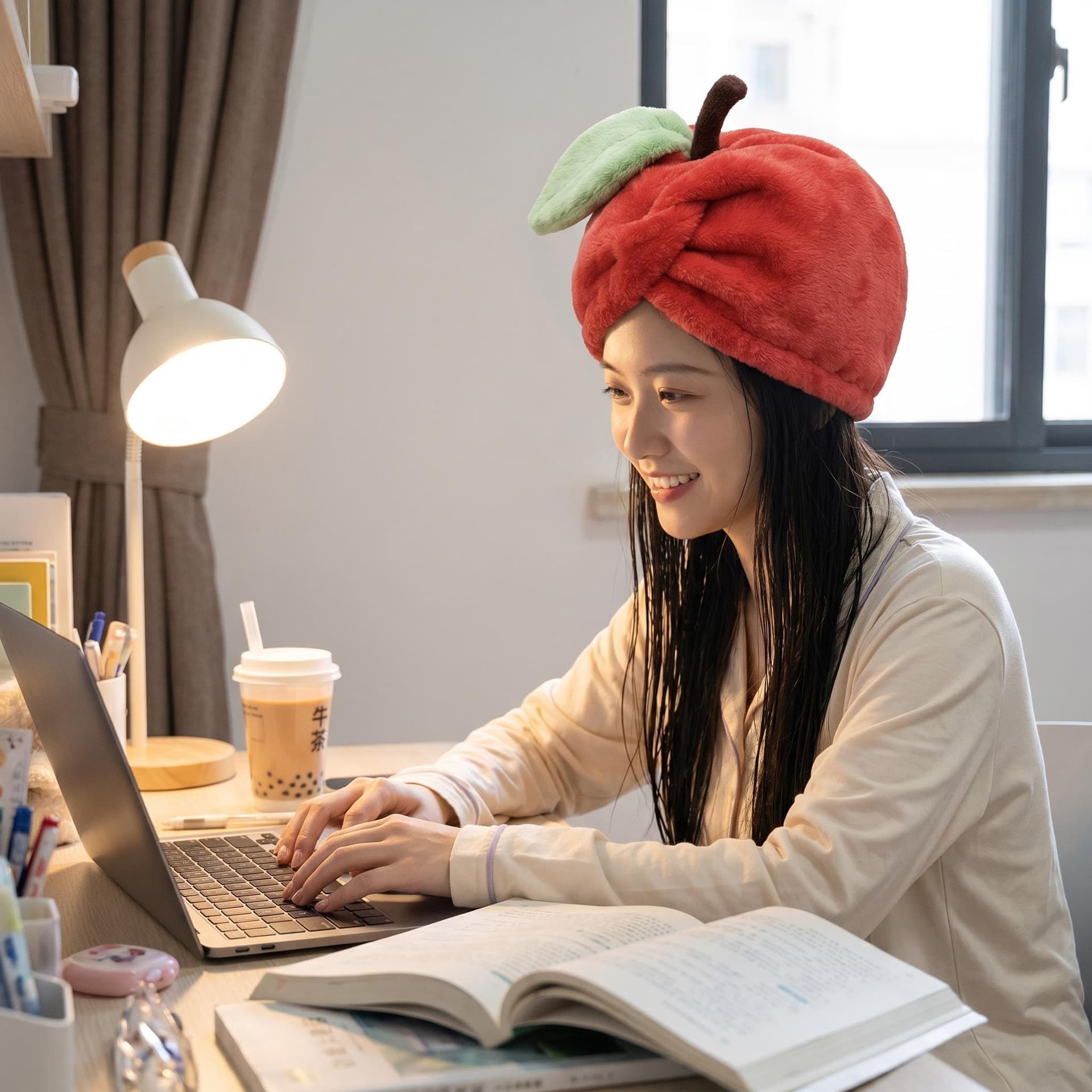 Cute apple-shaped dry hair cap, fast water absorption, super water absorption, quick drying towel, coral headscarf, thickened shampoo and shower cap