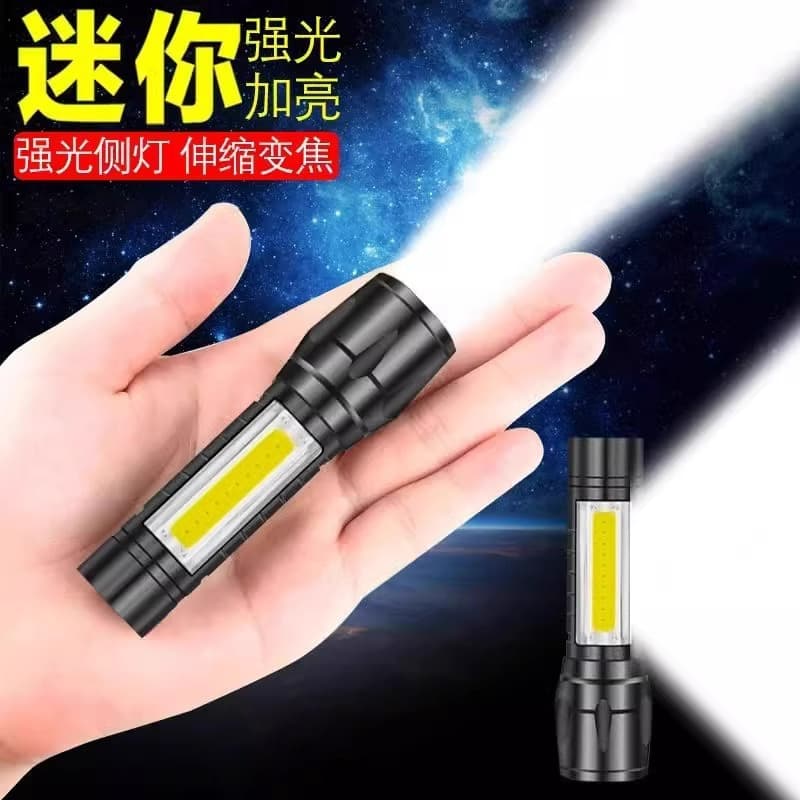 Cross-border mini bright flashlight outdoor cob side light long battery life telescopic zoom aluminum alloy portable small flashlight